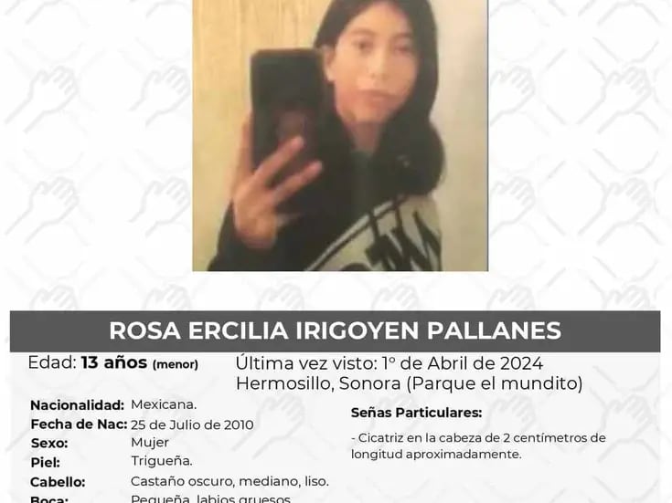 Rosa Ercilla Irigoyen Pallanes, menor de 13 años de edad es reportada como desaparecida en Hermosillo