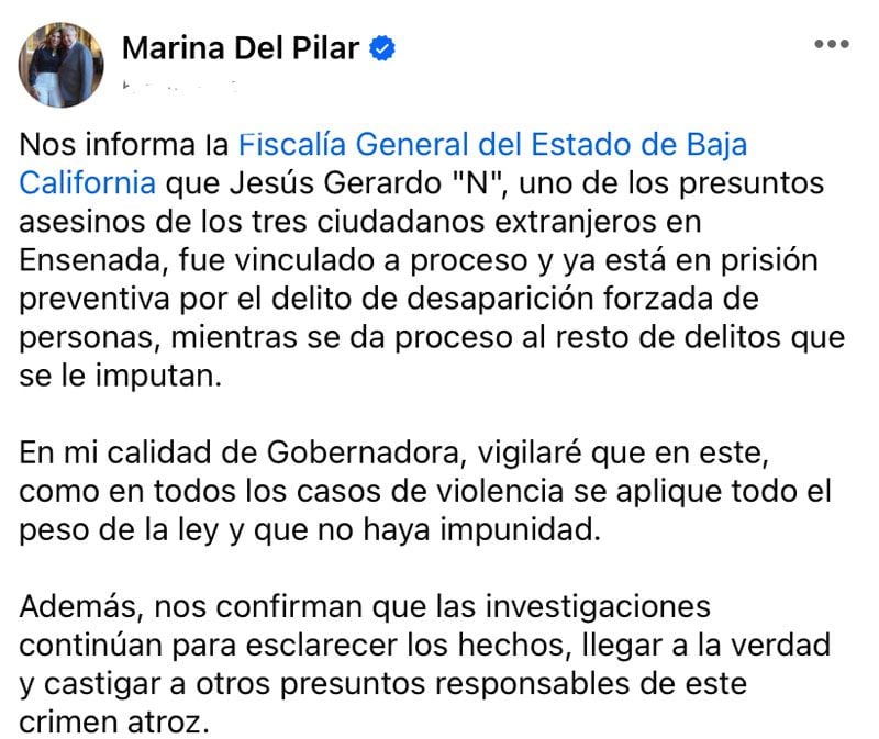 Anuncio en redes sociales de la gobernadora del Estado, Marina del Pilar Ávila Olmeda.
