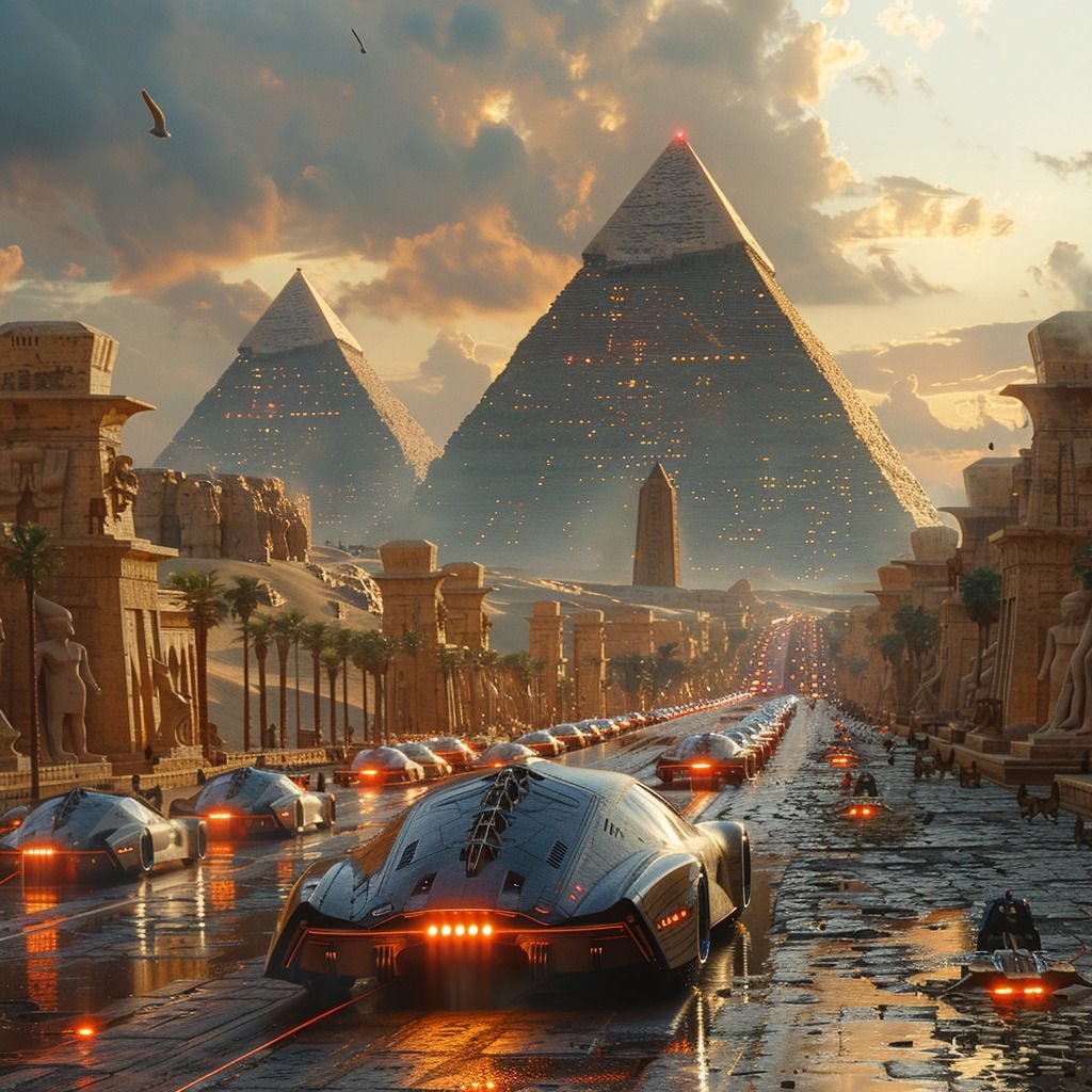 Estatuas egipcias emergen en este futuro imaginario, recordándonos que la rica historia cultural del antiguo Egipto perdura en medio de avances tecnológicos.