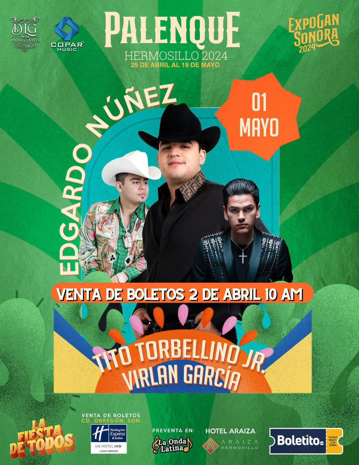 Edgardo Núñez, Tito Torbellino Junior y Virlan García se presentarán este 01 de Mayo en el palenque | Foto: Facebook (@Expogansonora)