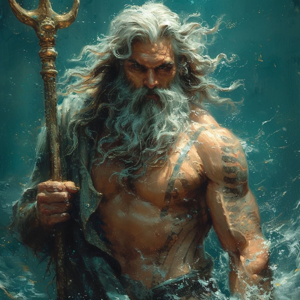 La inteligencia artificial nos muestra a Poseidón como una figura majestuosa y poderosa, con un tridente que marca su supremacía sobre los océanos.