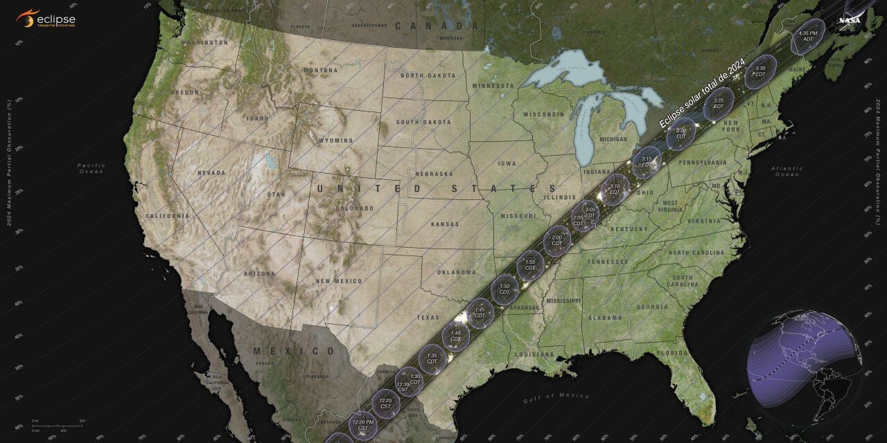 Mapa de la trayectoria del eclipse solar de este 8 de abril compartido por la NASA