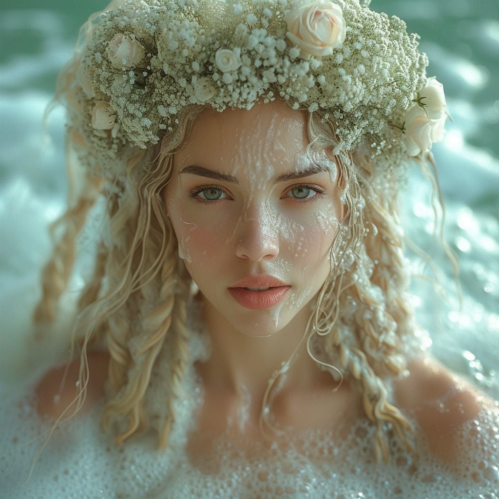 La recreación visual destaca la elegancia de la diosa griega resaltando sus cautivadores ojos verdes y labios prominentes.