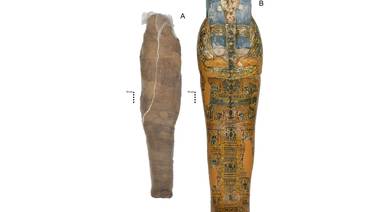 Descubren momia egipcia con raro tratamiento mortuorio, un caparazón de barro