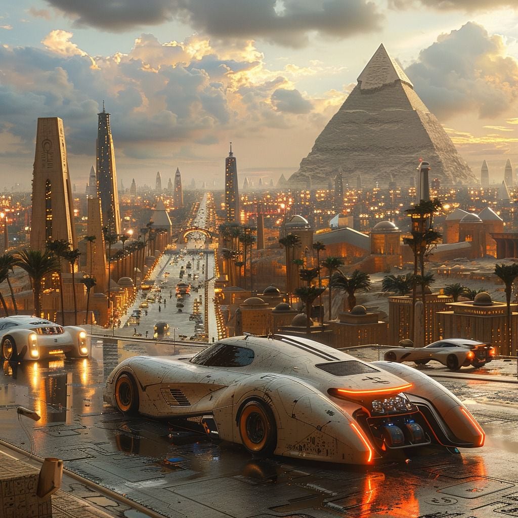 La inteligencia artificial nos transporta a un Egipto alternativo, donde las calles rebosan de autos modernos y las pirámides brillan con luces contemporáneas.