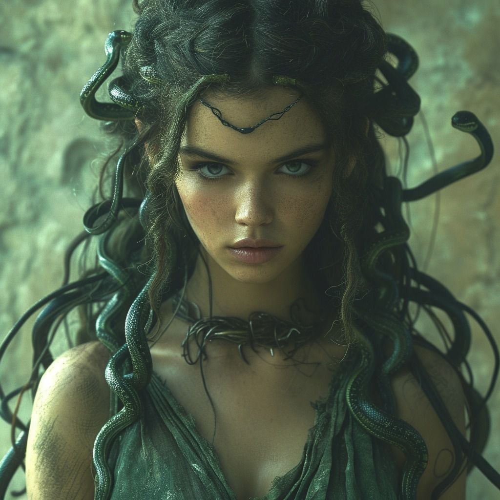 El rostro intrigante de Medusa según la inteligencia artificial de Midjourney.