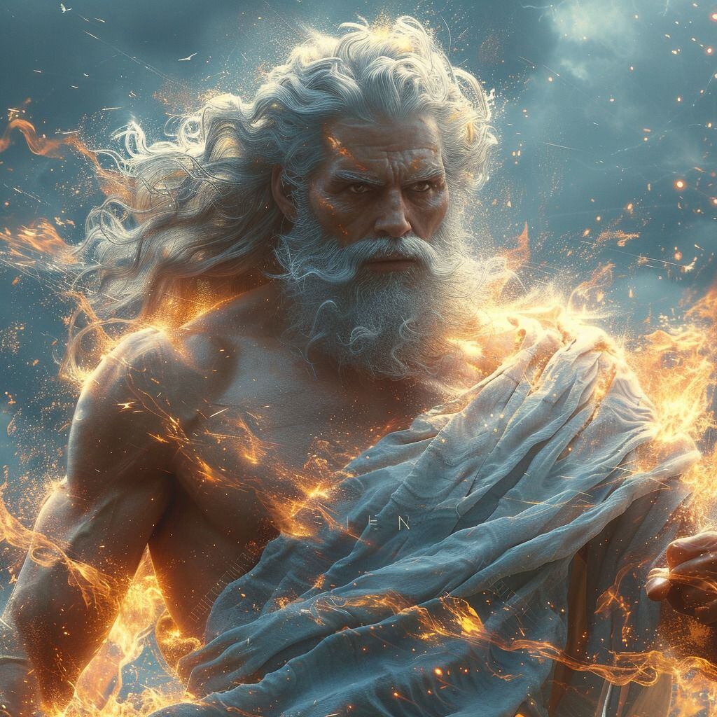 Energía Divina: Imagen de Zeus con un campo energético que ilustra su conexión con el cielo y el trueno, atributos que lo identifican como el dios de la energía.