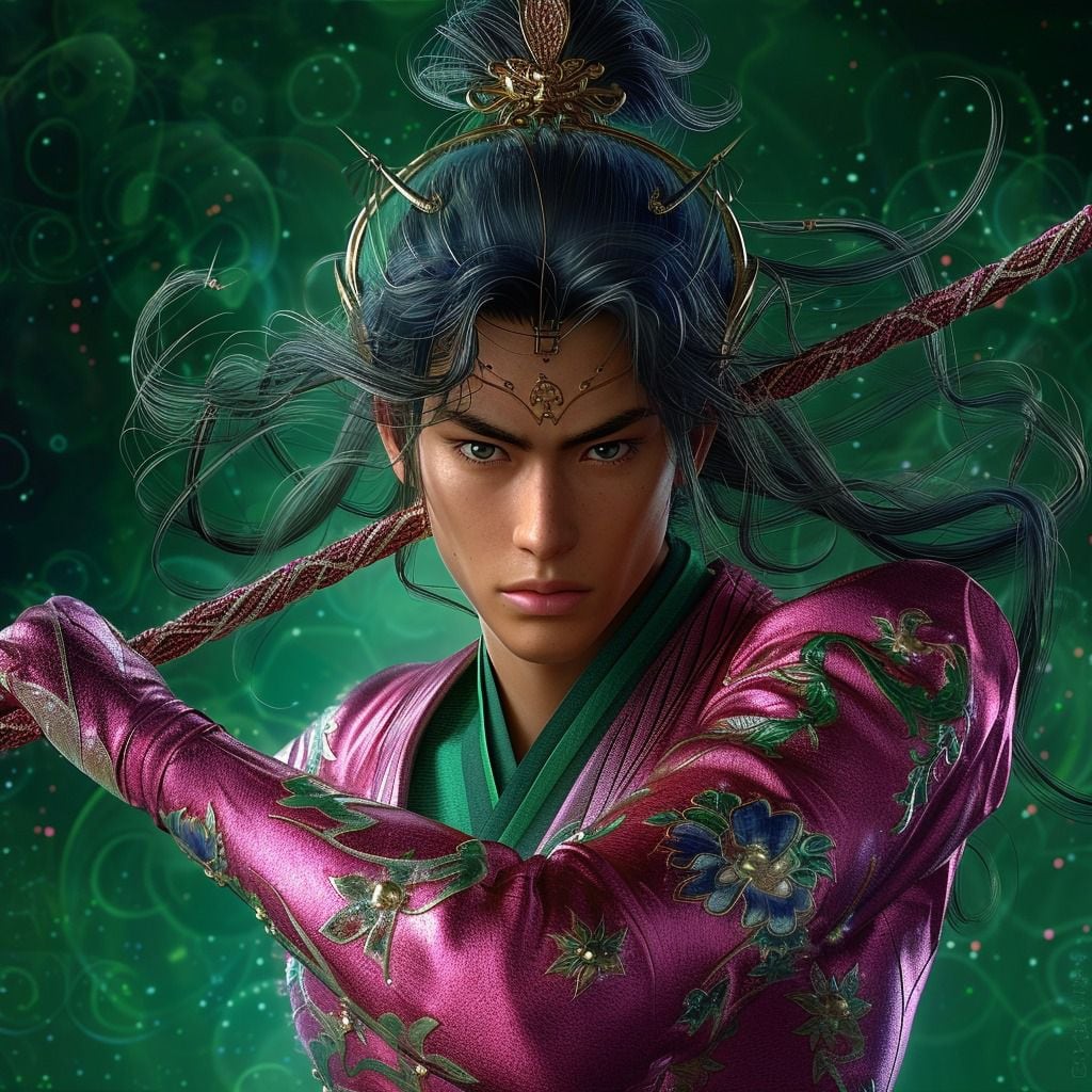 La visión única de Midjourney AI transforma el cabello de Shun entre tonos de negro, azul y verde, añadiendo un toque moderno a este Santo de Los Caballeros del Zodiaco.
