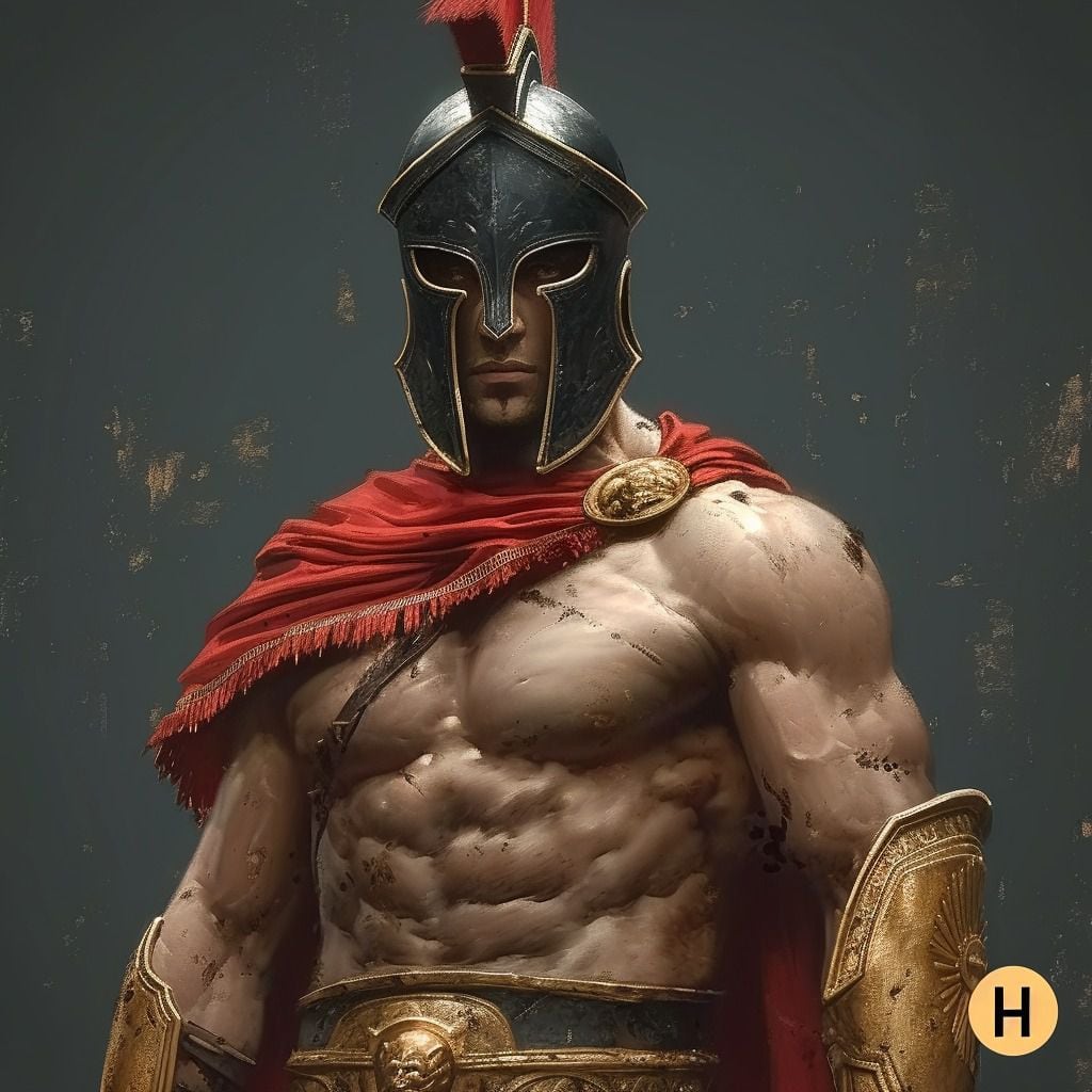 Ares, el dios de la guerra, adopta una postura majestuosa en esta imagen generada por inteligencia artificial.