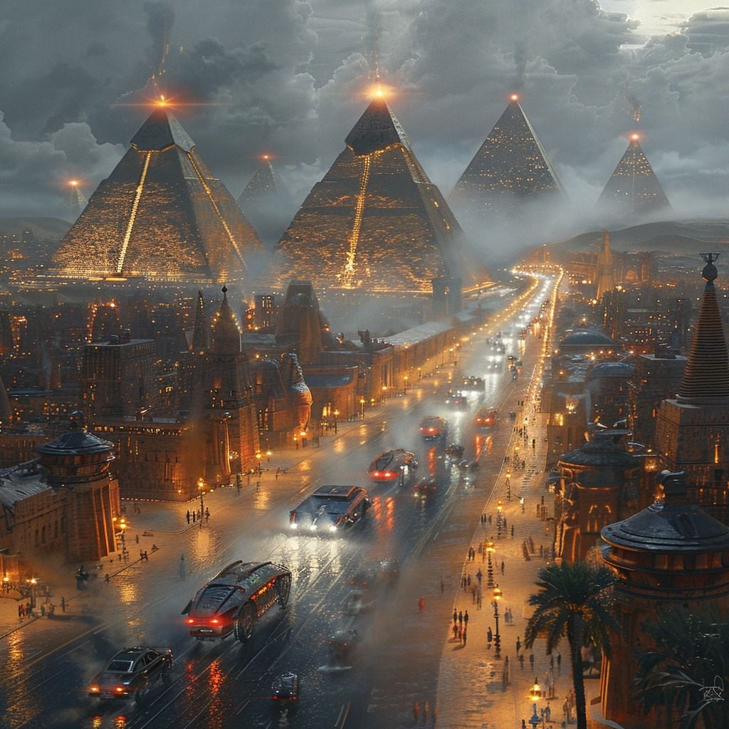 Un vistazo al Egipto del 2500: calles bulliciosas con autos modernos y sorprendentes vehículos voladores, gracias a la imaginación de la inteligencia artificial de Midjourney.