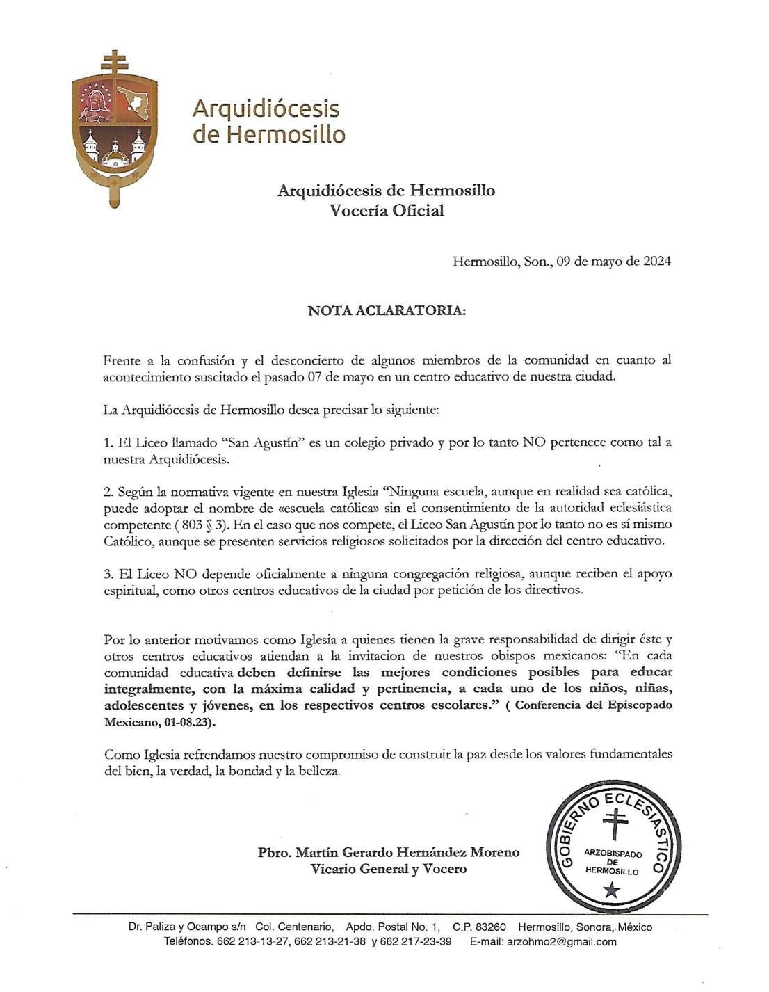 La escuela privada podría no tener el permiso de la Arquidiócesis de Hermosillo para llamarse "católica".