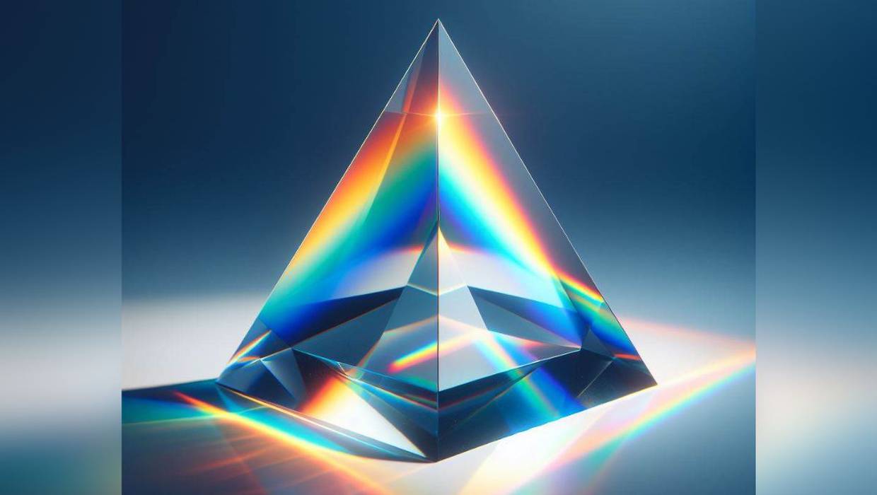 Prisma triangular que refleja y descompone la luz en los colores del arcoiris.