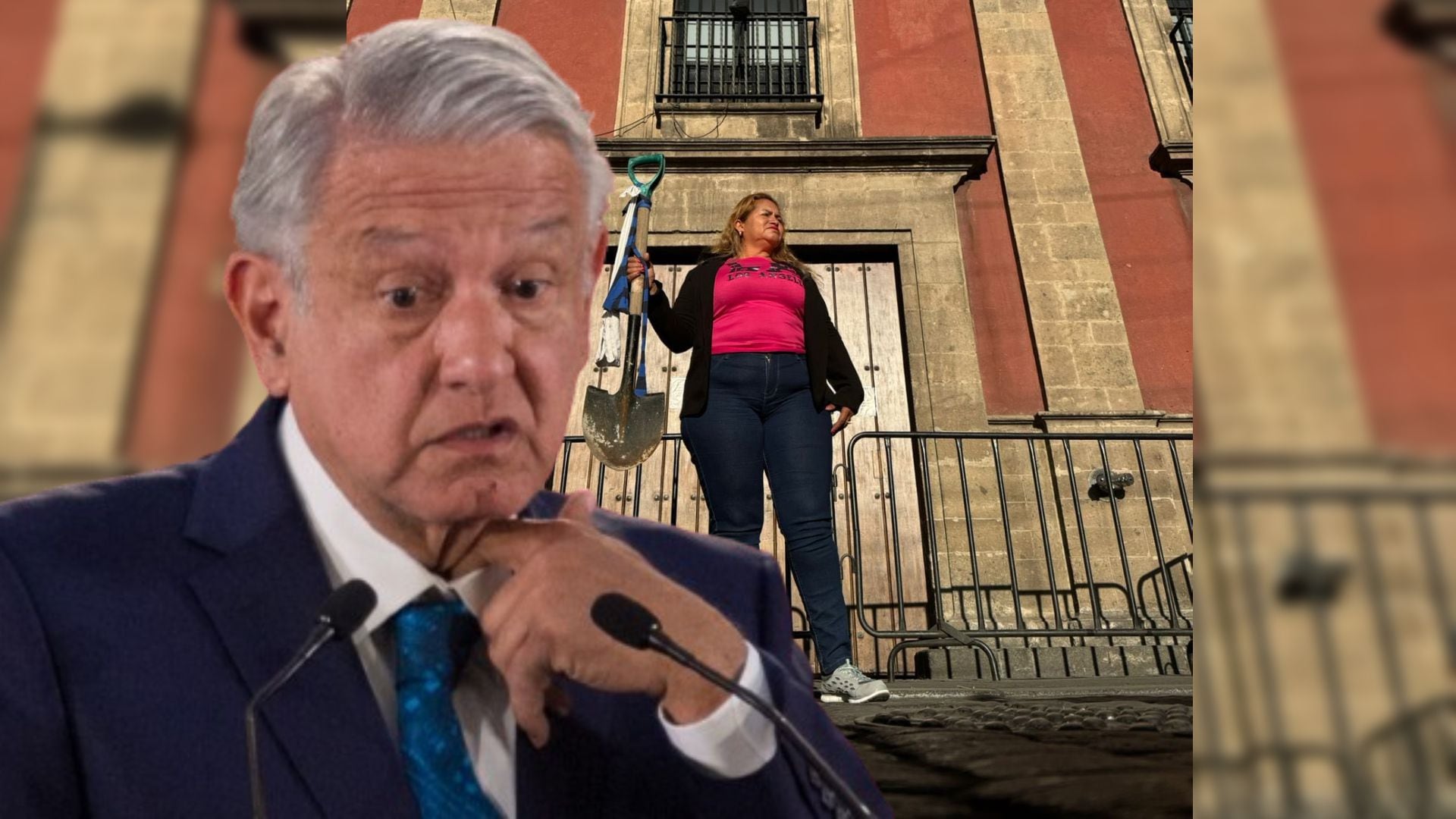 La madre buscadora Ceci Flores esperó a AMLO afuera de Palacio Nacional con la pala con la que busca a su hijo.