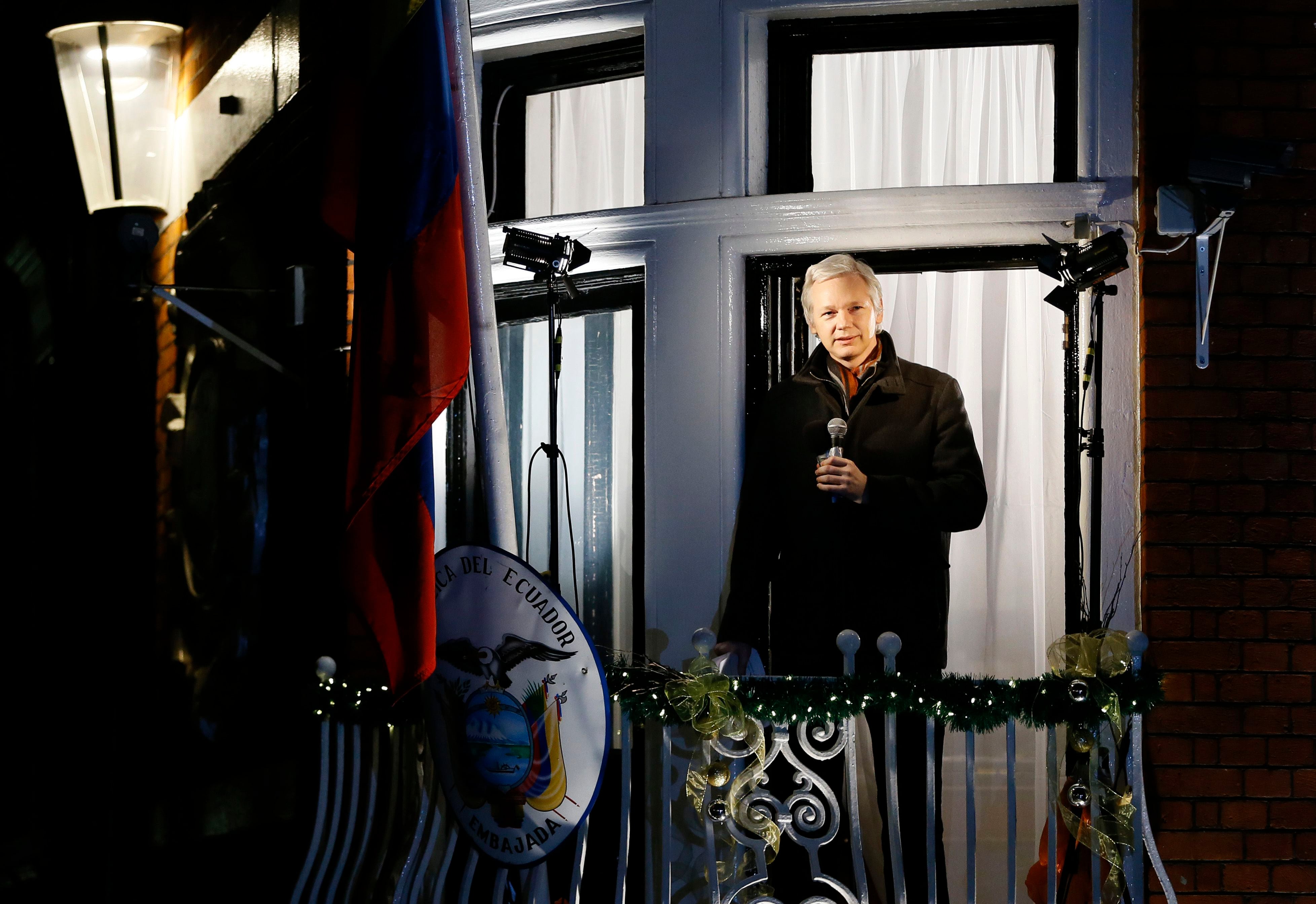 FILE - In this Thursday, Dec. 20, 2012 file photo, Julian Assange, founder of WikiLeaks speaks to the media and members of the public from a balcony at the Ecuadorian Embassy in London. A Swedish appeals court on Thursday, Nov. 20, 2014 upheld the detention order on Julian Assange, dismissing a challenge by the WikiLeaks founder who is wanted by Swedish prosecutors in an investigation of alleged sex crimes. (AP Photo/Kirsty Wigglesworth, File)