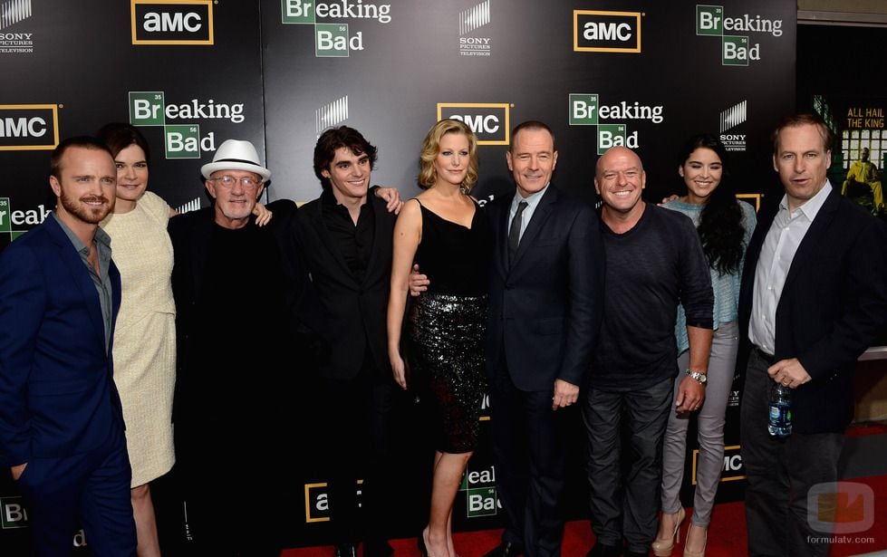 SAN DIEGO, CA - JULY 14:  (L-R) Actors Aaron Paul, Betsy Brandt, Jonathan Banks, RJ Mitte, Anna Gunn, Bryan Cranston, Dean Norris, Emily Rios and Bob Odenkirk attend AMC's "Breaking Bad" Season 5 Premiere during Comic-Con International 2012 at Reading Cinemas Gaslamp on July 14, 2012 in San Diego, California.  (Photo by Mark Davis/Getty Images)