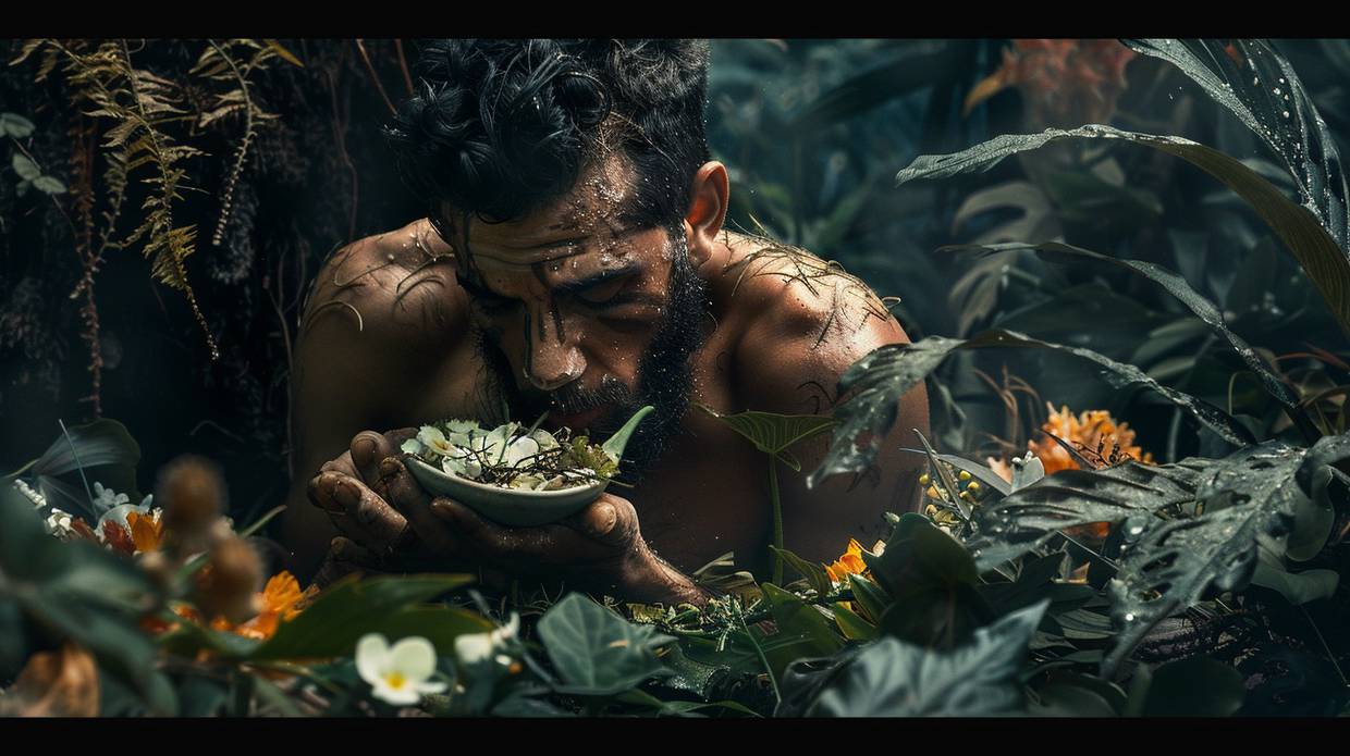 Foto generada por la IA de un hombre comiendo plantas.