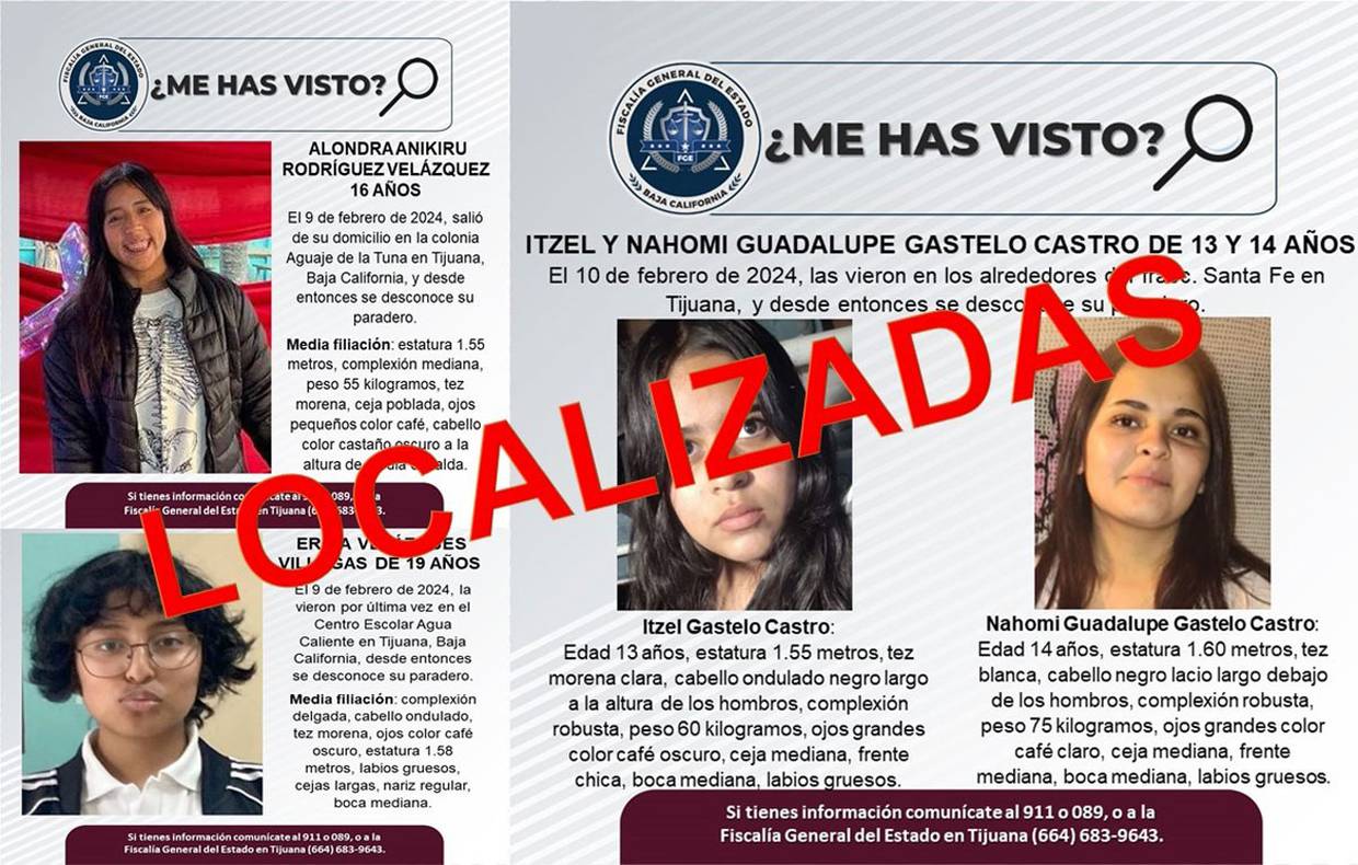 Las personas localizadas son: Erika Velázques Villegas de 19 años, Alondra Anikiru Rodríguez Velázquez de 16 años, e Itzel y Nahomi de apellidos Gastelo Castro de 13 y 14 años de edad, respectivamente.