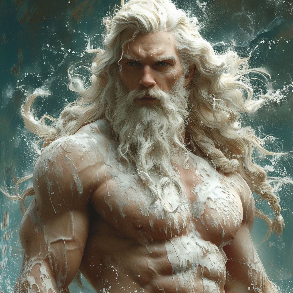 Poseidón, retratado por la IA de Midjourney, emerge con un tridente en mano, símbolo de su dominio sobre los mares.