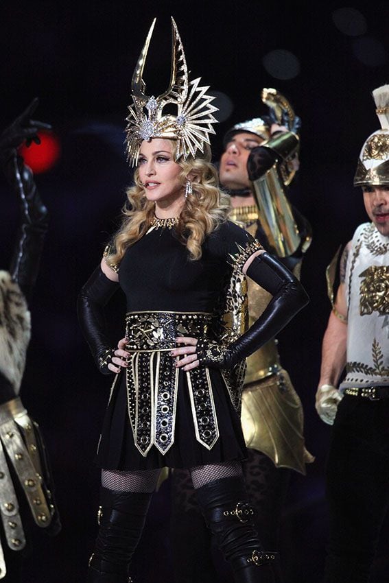 INDIANAPOLIS, IN - FEBRUARY 05:  Madonna performs during the Bridgestone Super Bowl XLVI Halftime Show at Lucas Oil Stadium on February 5, 2012 in Indianapolis, Indiana.  (Photo by Christopher Polk/Getty Images)