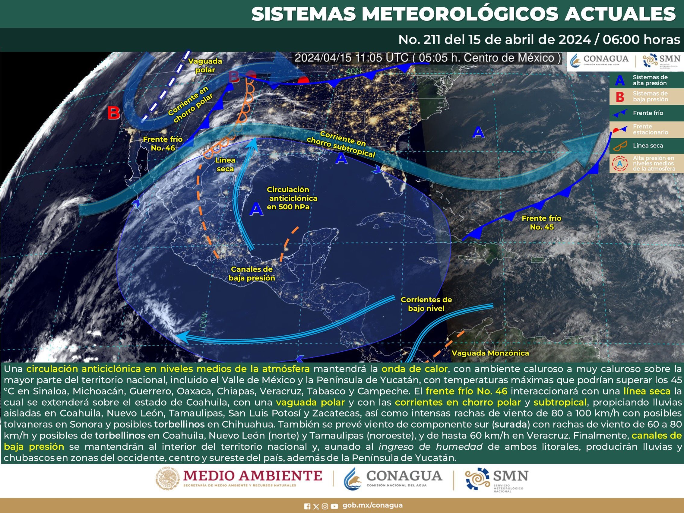Esquema de trayectoria del Frente Frío 46 y otros fenómenos climáticos que interaccionarán en México.