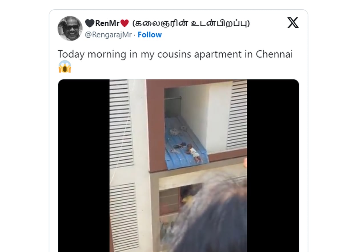 Un bebé fue rescatado al borde de un techo en un edificio de apartamentos en Chennai, India, en un angustioso video que circula en las redes sociales el domingo 28 de abril.