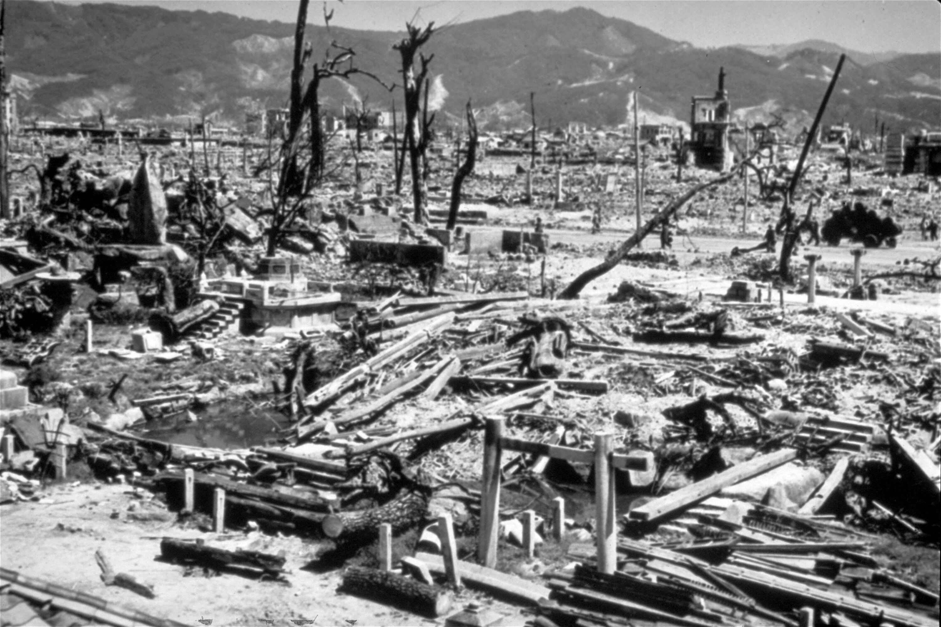 FILE - This Aug. 6, 1945 file photo,  shows the destruction from the explosion of an atomic bomb in Hiroshima, Japan. The 70th anniversary of the atomic bombings of Hiroshima and Nagasaki are being marked with memorial services, peace concerts and art exhibits. More than 200,000 people died in the two blasts, which were the first wartime uses of nuclear weapons and which led to Japans surrender and the end of World War II. (AP Photo, File)