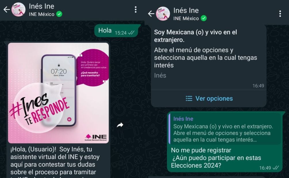 Inés, del INE, te ayudará con todas tus preguntas sobre las elecciones 2024 en México a través de WhatsApp.
