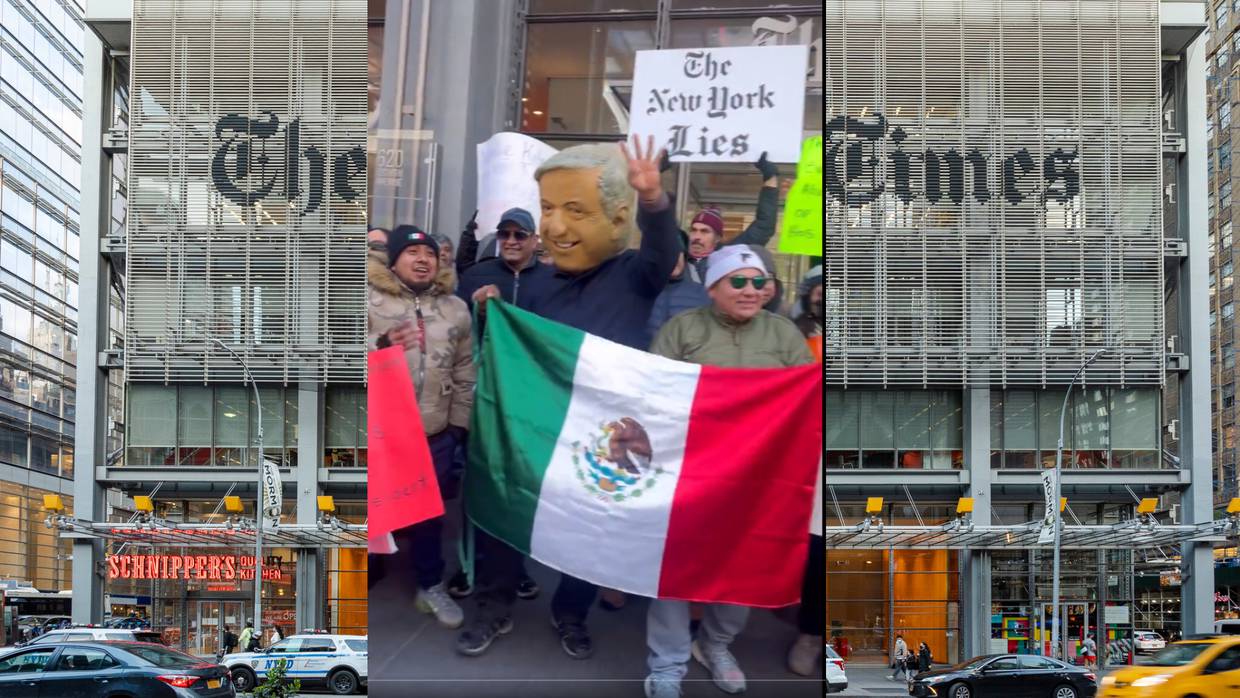 Vestidos hasta de AMLO, seguidores del presidente protestan contra el NYT en las afueras del periódico.