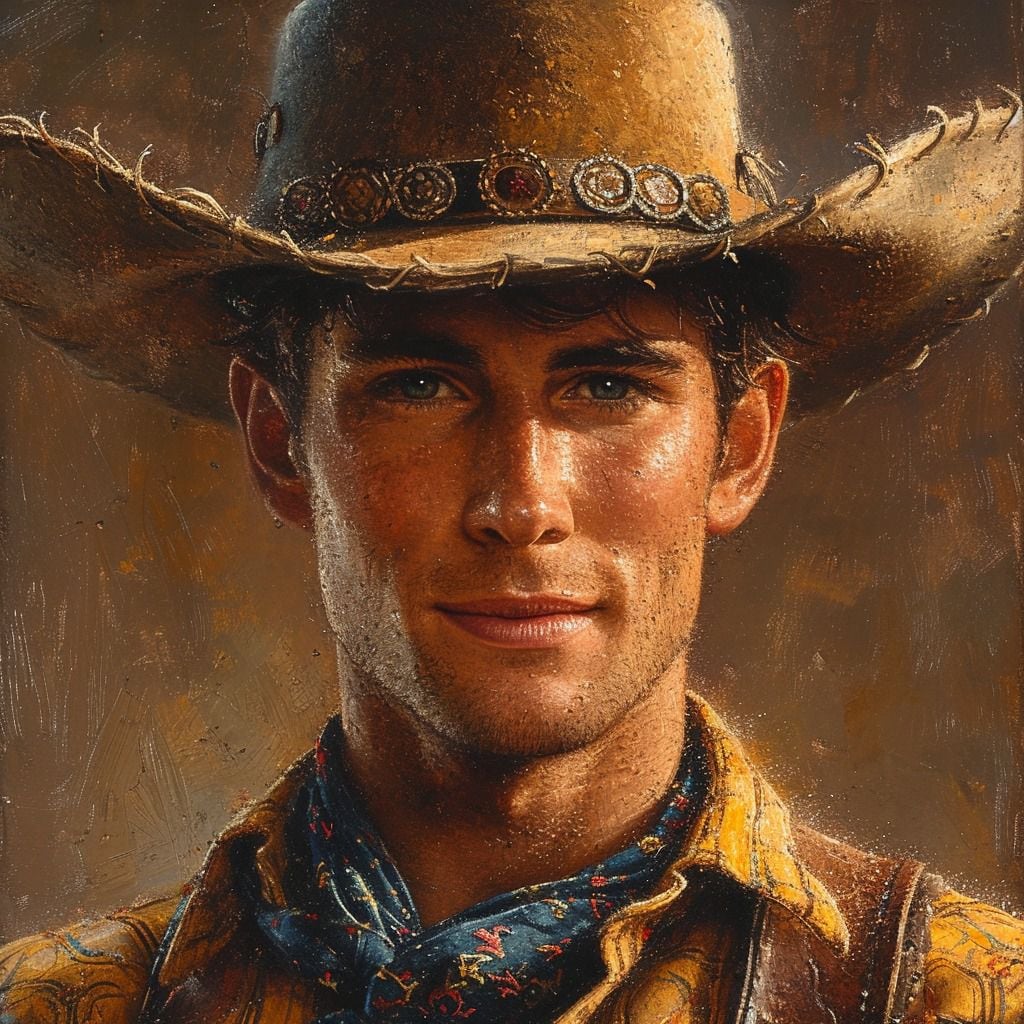 Un retrato del vaquero reimaginado con su icónico sombrero y camisola, reflejando la esencia del viejo oeste y la confianza que la inteligencia artificial ha incorporado en su representación.