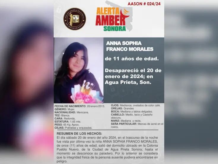 Activan Alerta Amber por Anna Sophia Franco Morales, menor desaparecida en Agua Prieta