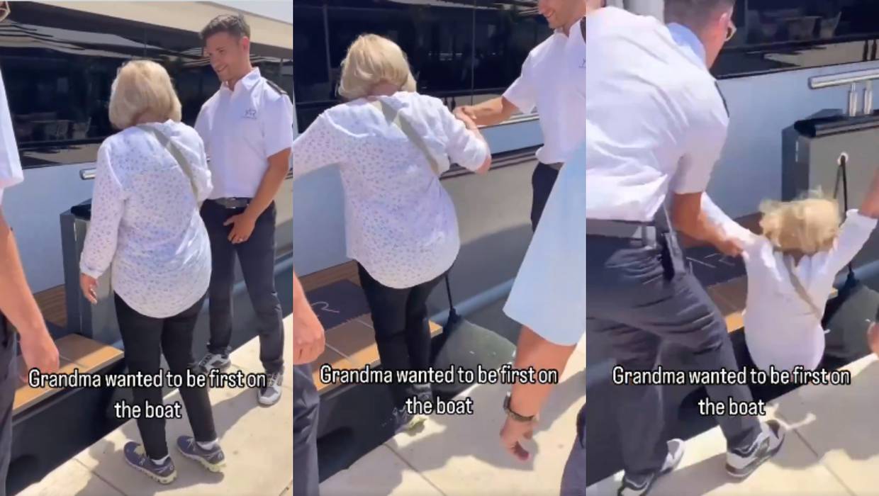 VIDEO: abuela sufre tremeda caída al intentar ser la primera en subirse a un yate
