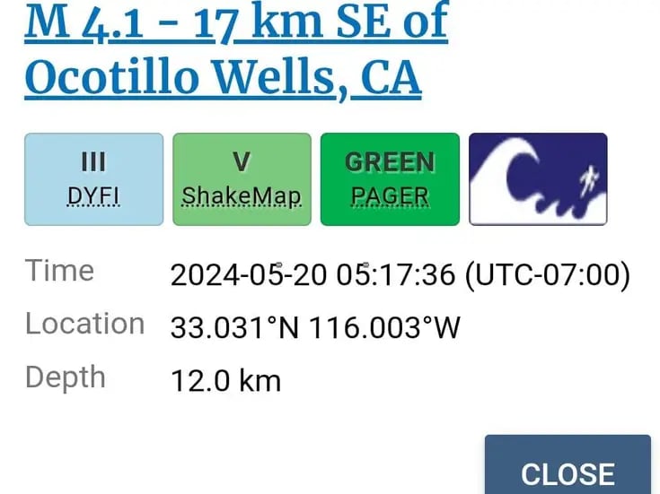 Sismo de 4.1 grados cerca de Ocotillo