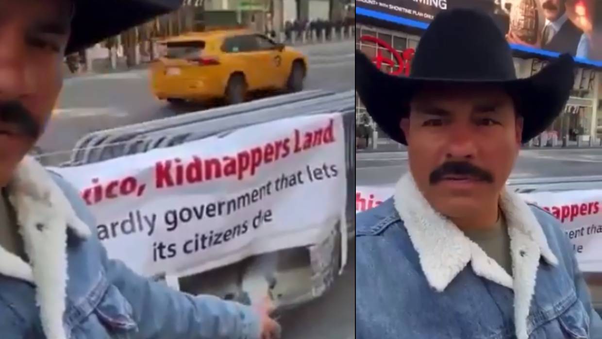 Fernando Ruíz denuncia en Times Square el secuestro de su padre en Chiapas por el narcotráfico, criticando la inacción gubernamental ante la violencia y la estrategia de ‘abrazos, no balazos’. Foto: Captura de pantalla