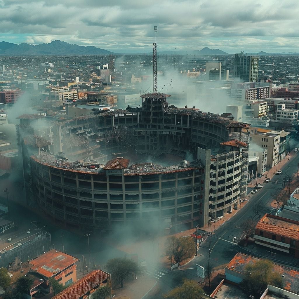 La imagen generada por Midjourney revela la realidad virtual de una ciudad transformada después de un hipotético terremoto. 