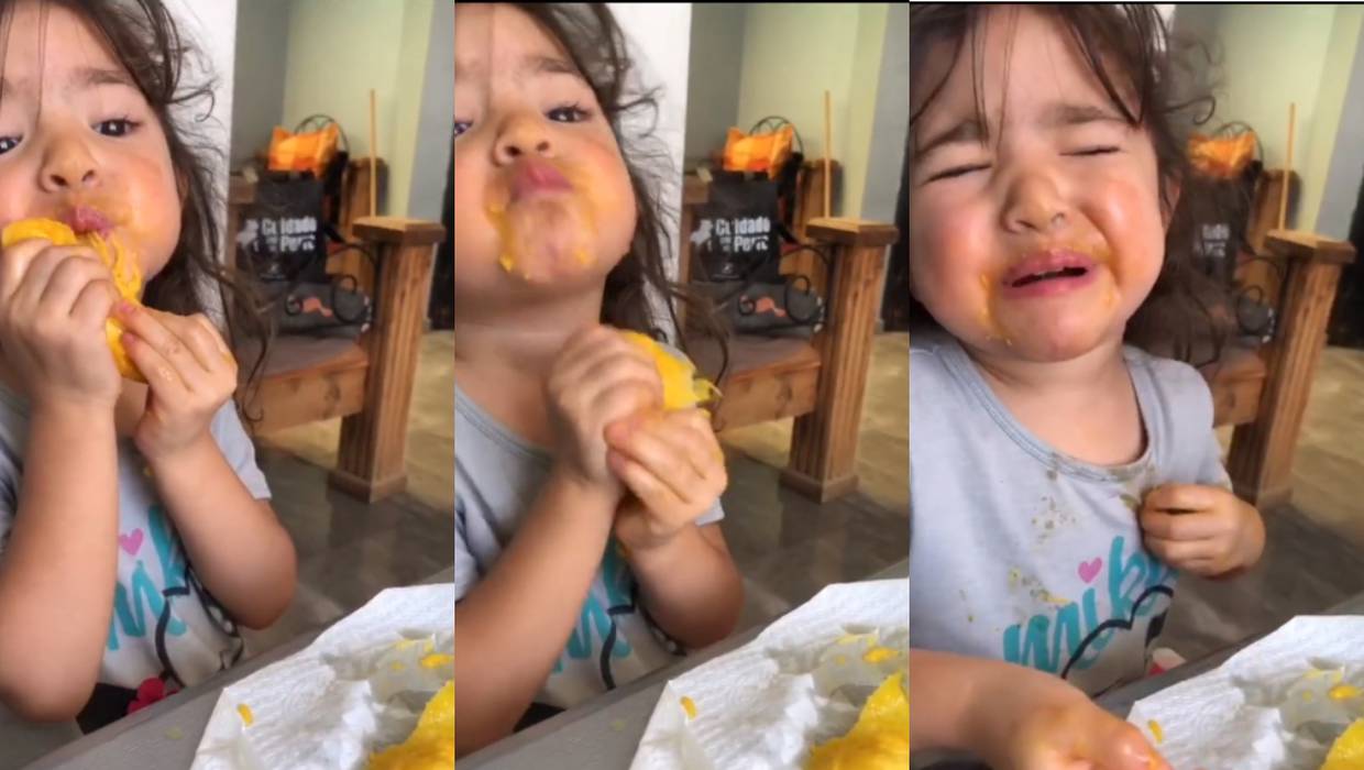 TikTok: niña se vuelve viral por llorar al manchar su “playera favorita” con un mango