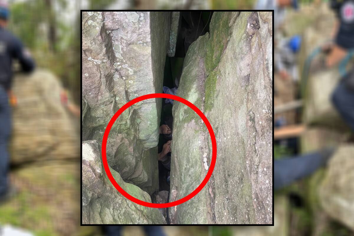 Matilda quería recuperar su celular y terminó atrapada de cabeza entre dos rocas de 450kg por siete horas