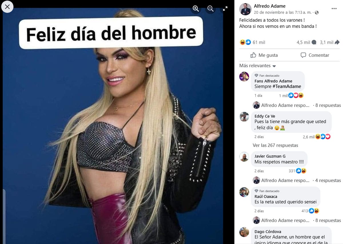 Alfredo Adame felicitó en sus redes sociales a Wendy Guevara en el marco del “Día del Hombre”.