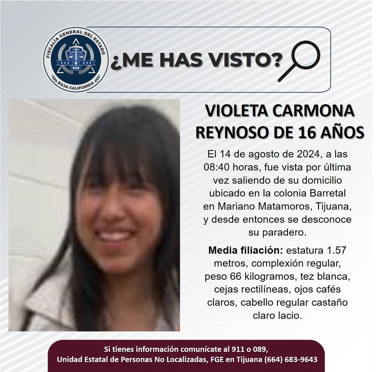 Violeta Carmona Reynoso fue vista por última vez el 14 de agosto de 2024.