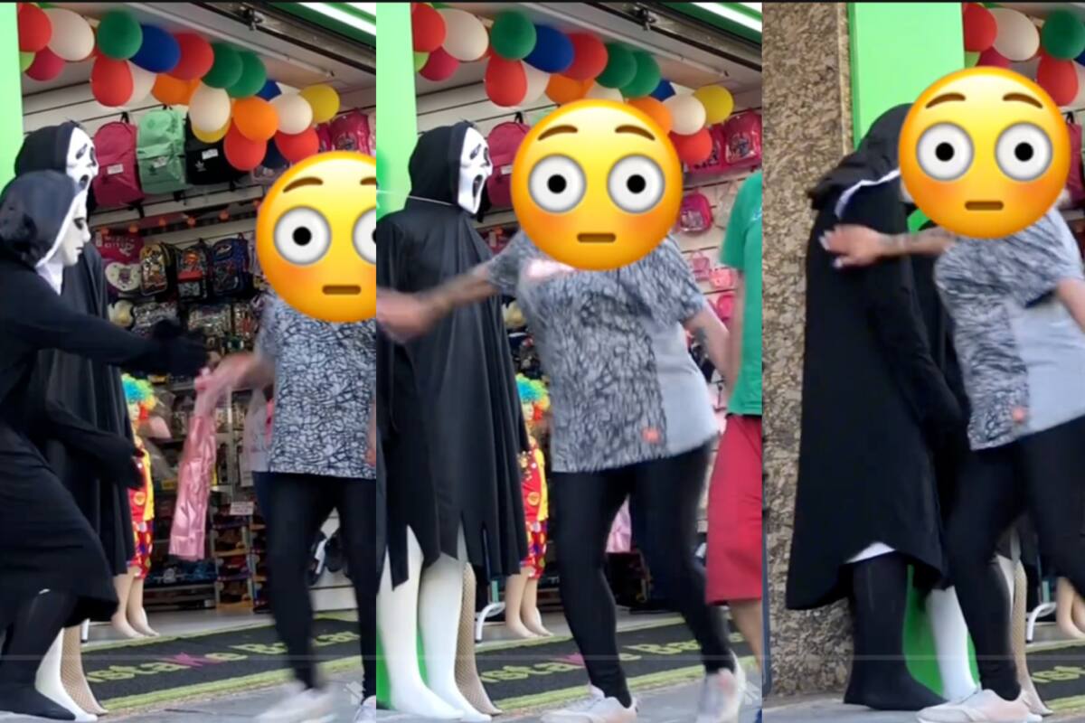 VIRAL: ¡señora golpea a un hombre disfrazado tras ser asustada en plena calle!