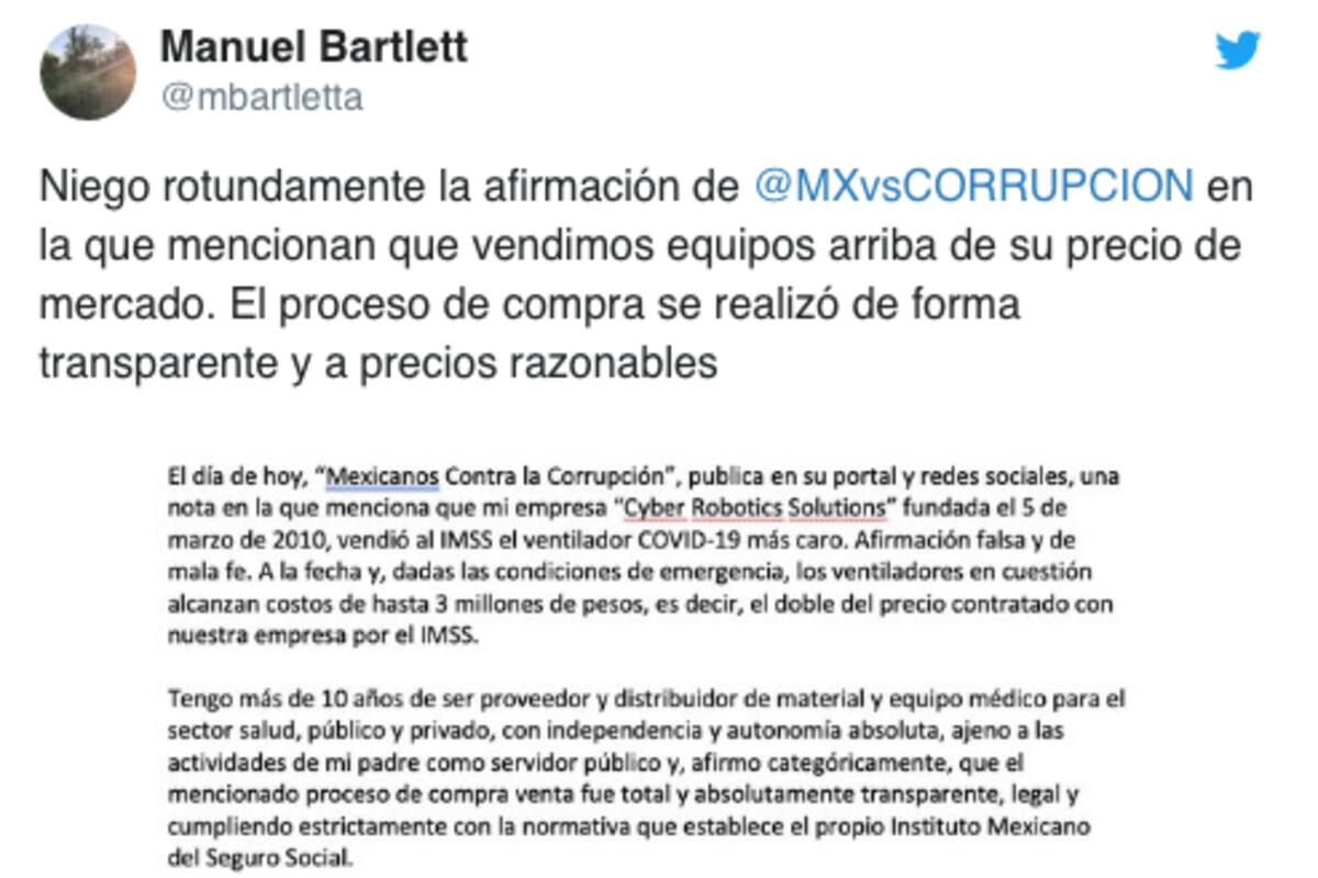 León Bartlett niega acusación sobre venta a sobreprecio de ventiladores para COVID-19