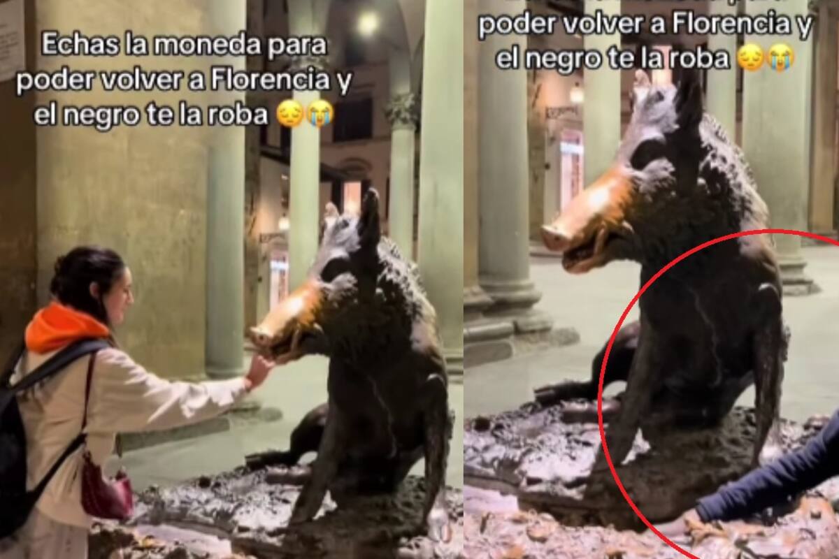 Joven lanza monedas en la Fontana del Porcellino para la buena suerte, pero un hombre se las roba frente a sus ojos