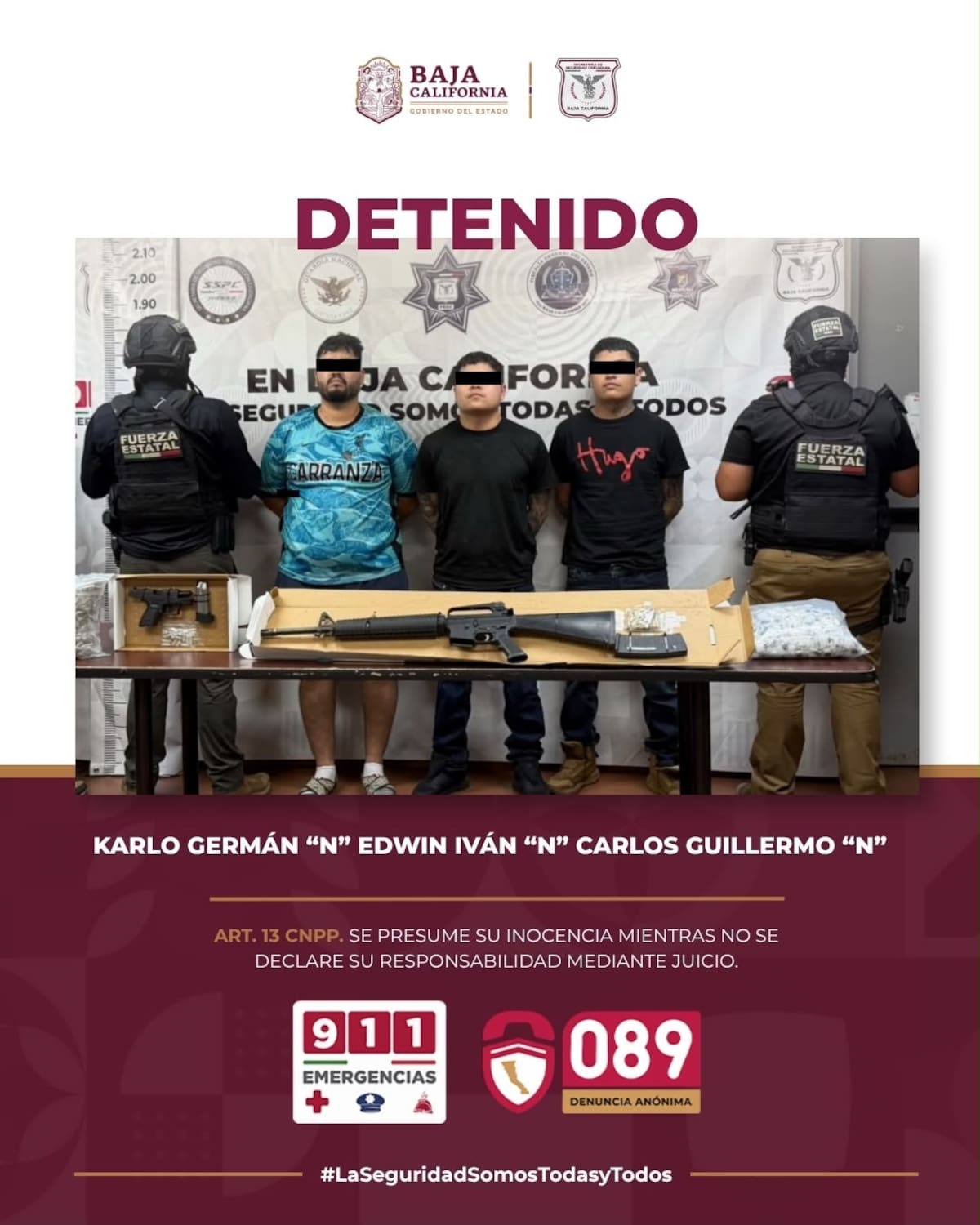 Karlo Germán “N”, alias “El Karlitos”, Edwin Iván “N” y Carlos Guillermo “N”, alias “El Guille”, fueron detenidos en Mexicali durante un operativo en el que se aseguraron armas, metanfetamina, mariguana, cargadores y cartuchos. Foto: Cortesía