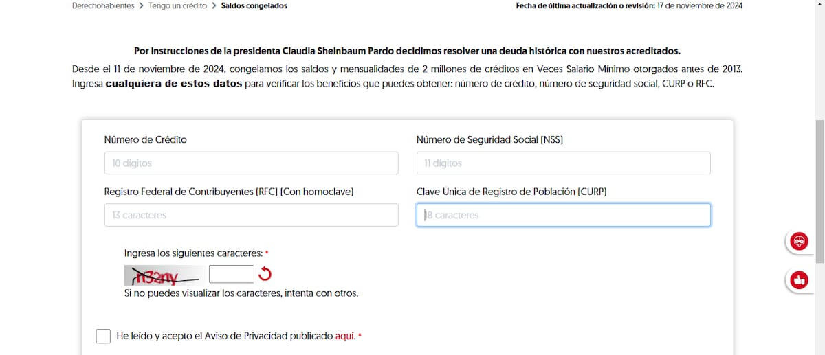 El Infonavit congeló saldos de créditos hipotecarios bajo el esquema de Veces Salario Mínimo (VSM) otorgados antes de 2013. Foto: Captura de pantalla