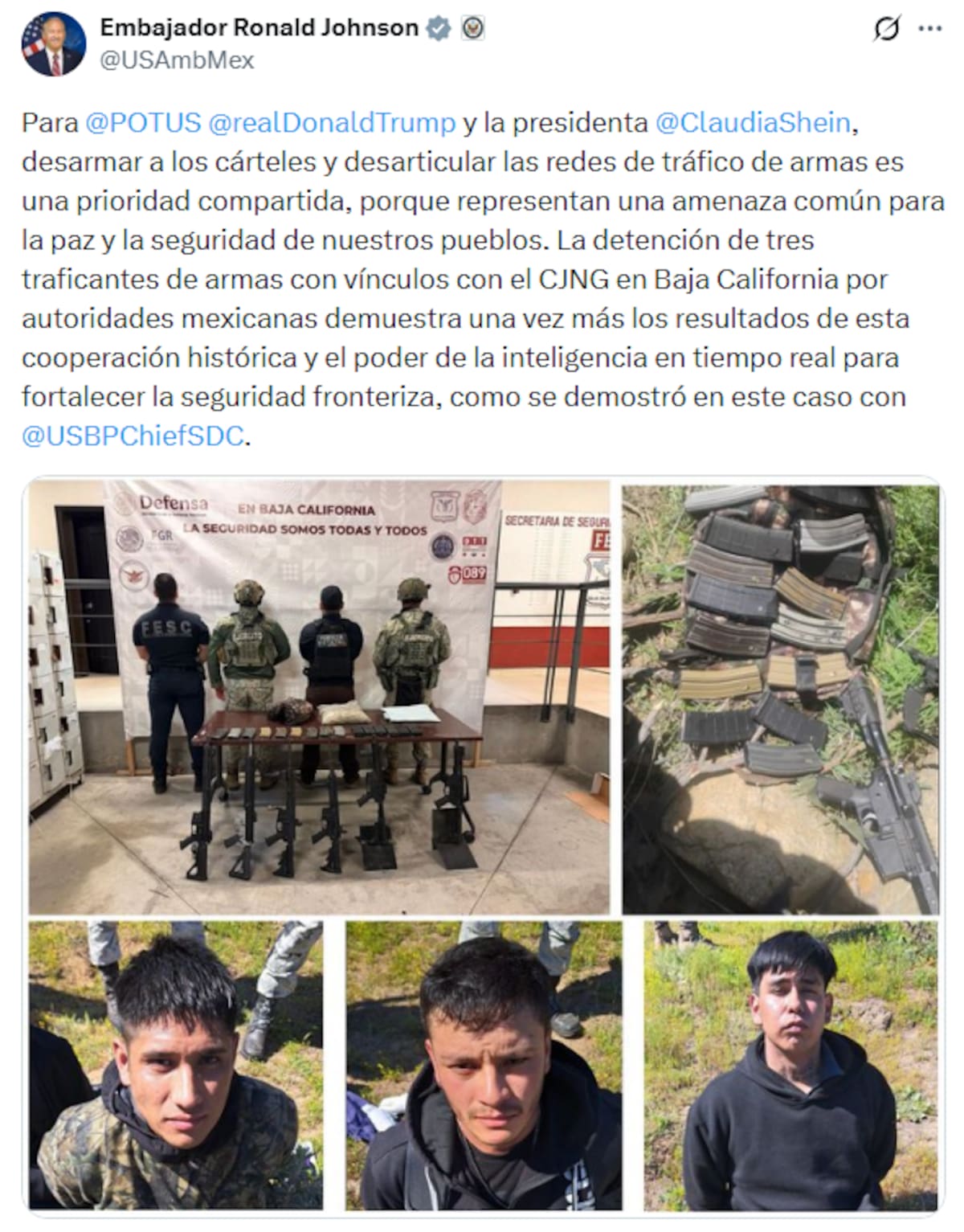 Autoridades detuvieron a tres hombres cerca del muro fronterizo en Tecate; se les aseguraron armas largas durante operativo. Foto: Cortesía