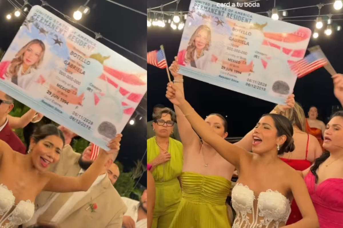 “La que puede, puede” Mujer se casa con un gringo y en su boda le llevan una Green Card gigante para celebrar