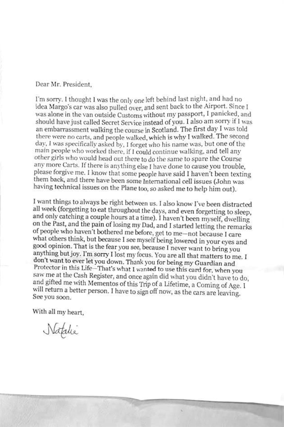 Carta de Natalie Harp a Donald Trump.