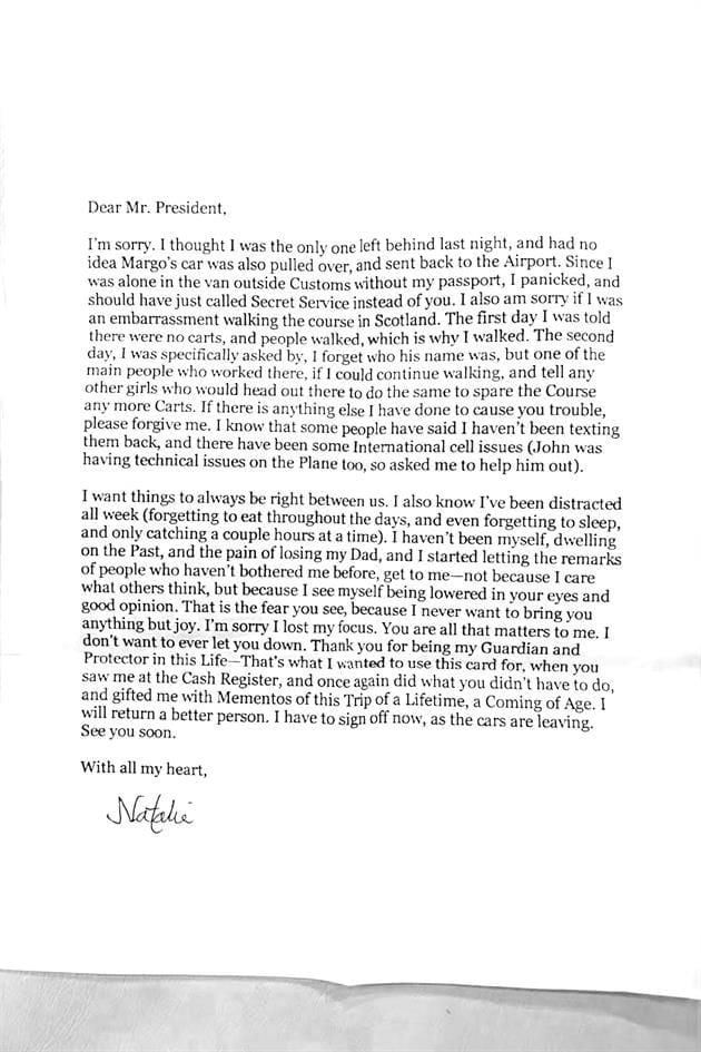 Carta de Natalie Harp a Donald Trump.