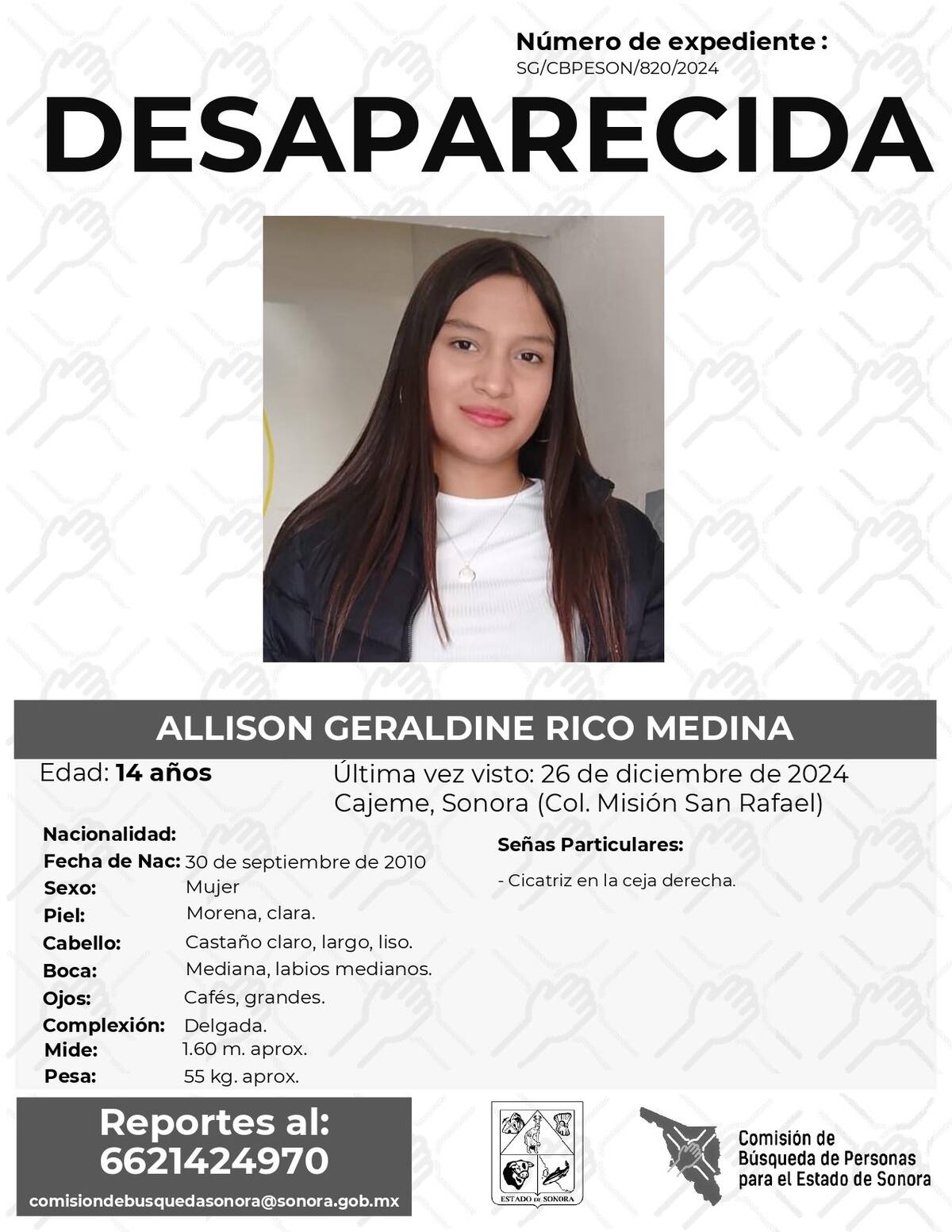 La Comisión de Búsqueda Para el Estado de Sonora solicita apoyo para localizar a Allison Geraldine Rico Medina.