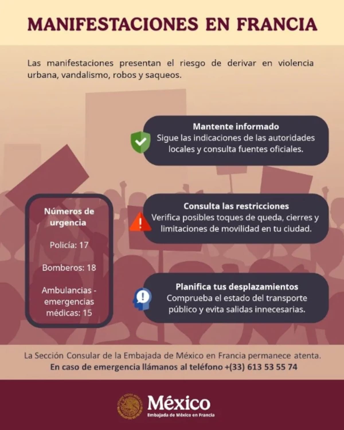 La Embajada de México en Francia pidió a los connacionales extremar precauciones ante las nuevas manifestaciones previstas para este fin de semana. Foto: Redes Sociales Oficiales de la Embajada