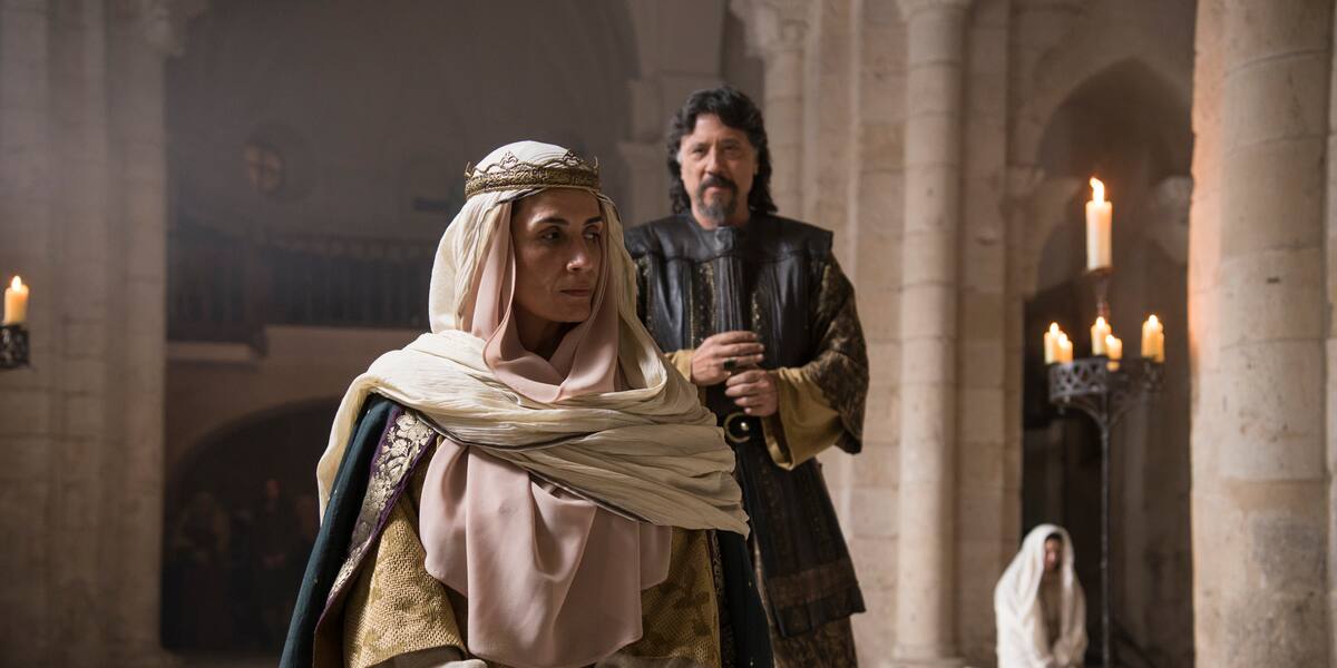 This image provided by Amazon Prime Video shows Elia Galera as Elia Galera, left, and Carlos Bardemin as Conde de Leon in a scene from "El Cid." The series premieres Dec. 18, 2020. (Amazon Prime Video via AP)